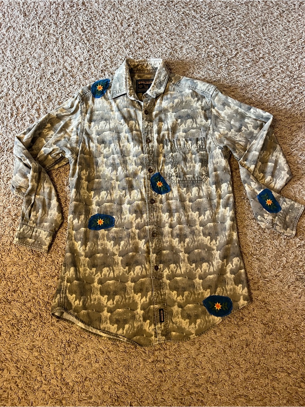 Denim Button-Up Shirt with Buffalo Print and Blue Flower Patches